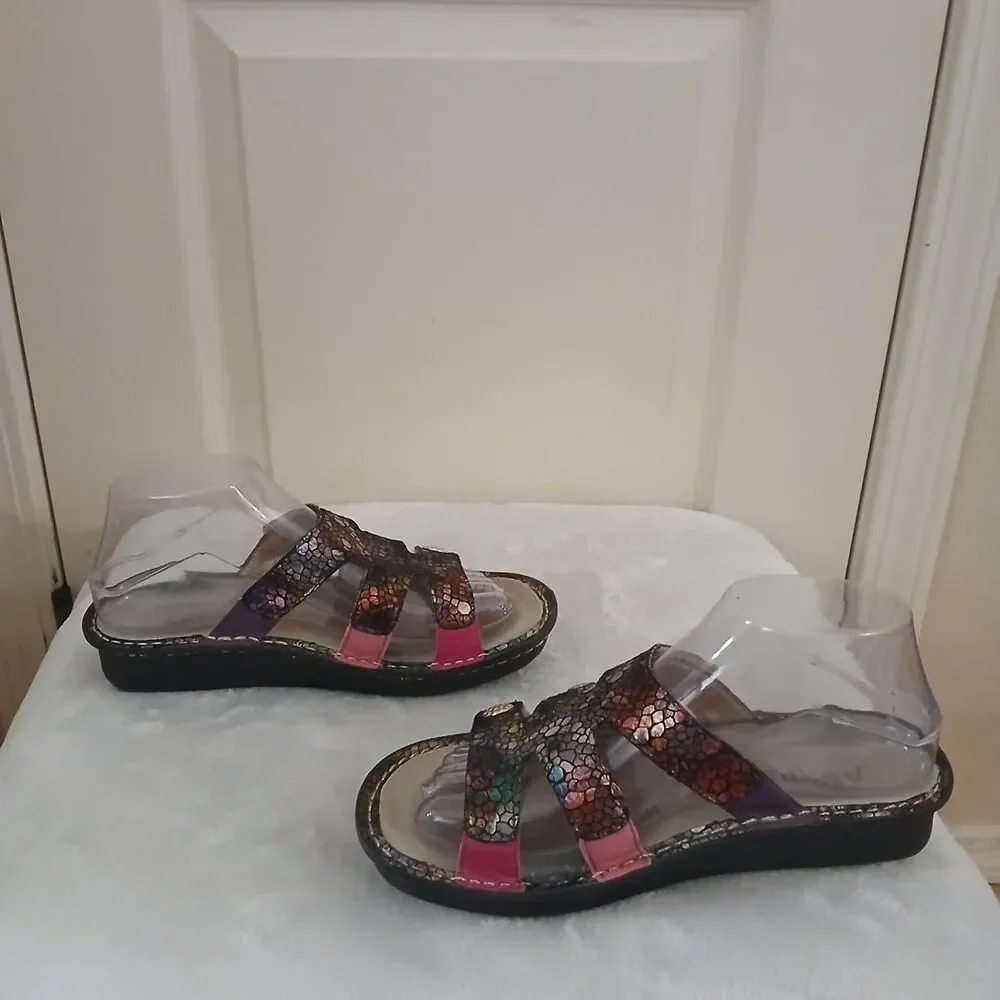 Alegria Fiona Multicolor Mosaic Leather Chunky Slide Sandals EU 37 Boho Dopamine